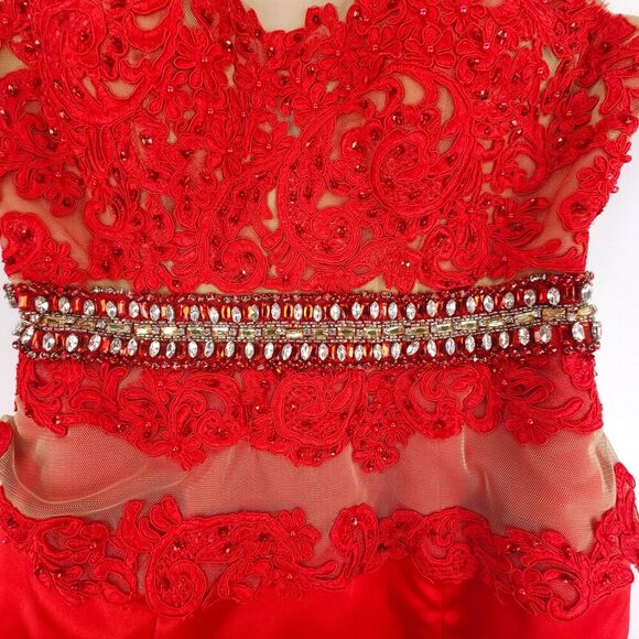 Sherri Hill 32033 Illusion Mesh Rhinestone Embellished Mermaid Prom Gown Red 6 - Picture 6 of 10